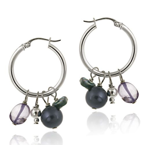 Sterling Silber Perlen, Swarovski Perlen, Abalone& Amethyst Chips Hoop Ohrringe