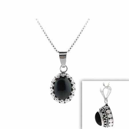 Sterling Silber Echt Onyx Stein Bali Perlen Oval Anhänger