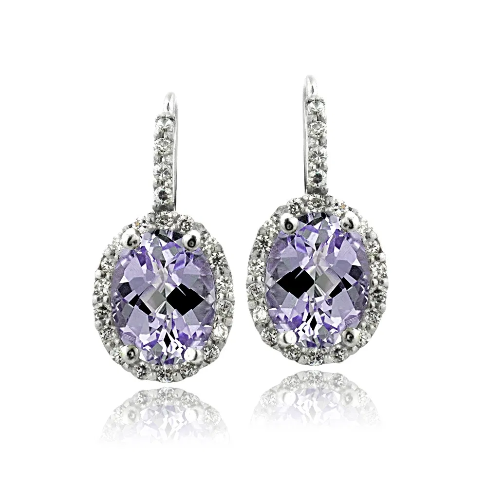 Sterling Silber 3,3ct Amethyst & CZ Oval Halo Leverback Ohrringe