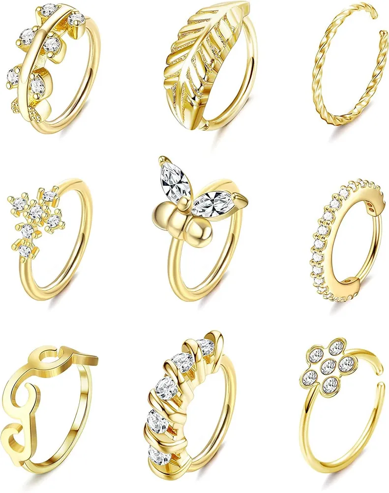 9pcs Edelstahl Nasen Ringe Schleife Pflaster CZ Bendebare Nasen Knorpel Schleife Ringe Schmetterlingsblume Nasen Piercing für Frauen Männer 20G