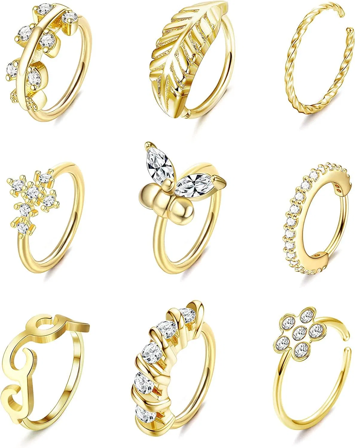 9pcs Edelstahl Nasen Ringe Schleife Pflaster CZ Bendebare Nasen Knorpel Schleife Ringe Schmetterlingsblume Nasen Piercing für Frauen Männer 20G
