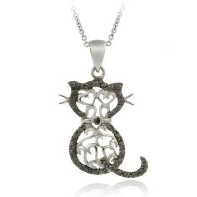 Sterling Silber Schwarz Diamant Akzent Filigree Katze Anhänger