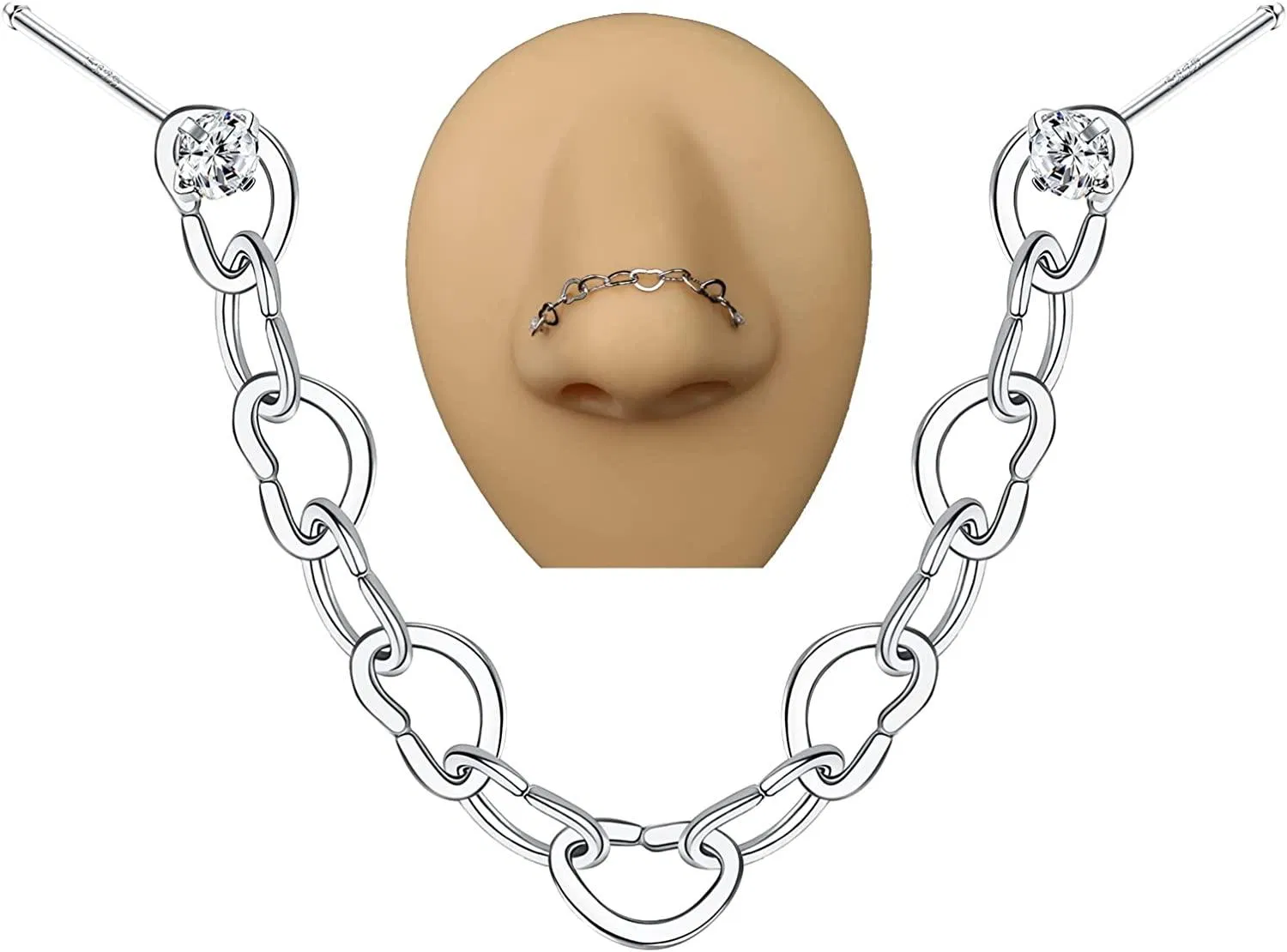 20G Nasenringe für Frauen Männer 925 Sterling Silber Nasenkette Nasen Piercings 1.5MM CZ Nasen Studs Nasenloch Herzkette Nasen Körperschmuck