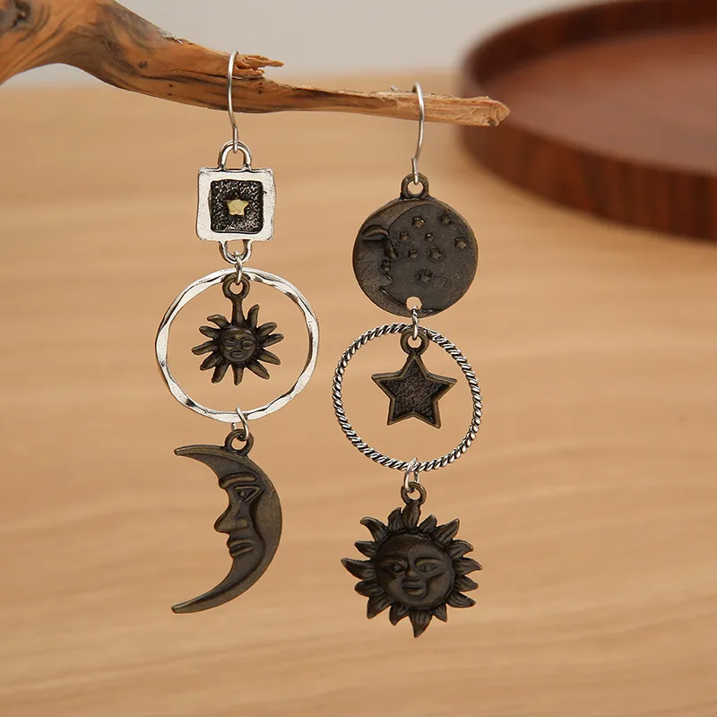 Vintage Pentagram Sonne Mond lange Anhänger Ohrringe Damen