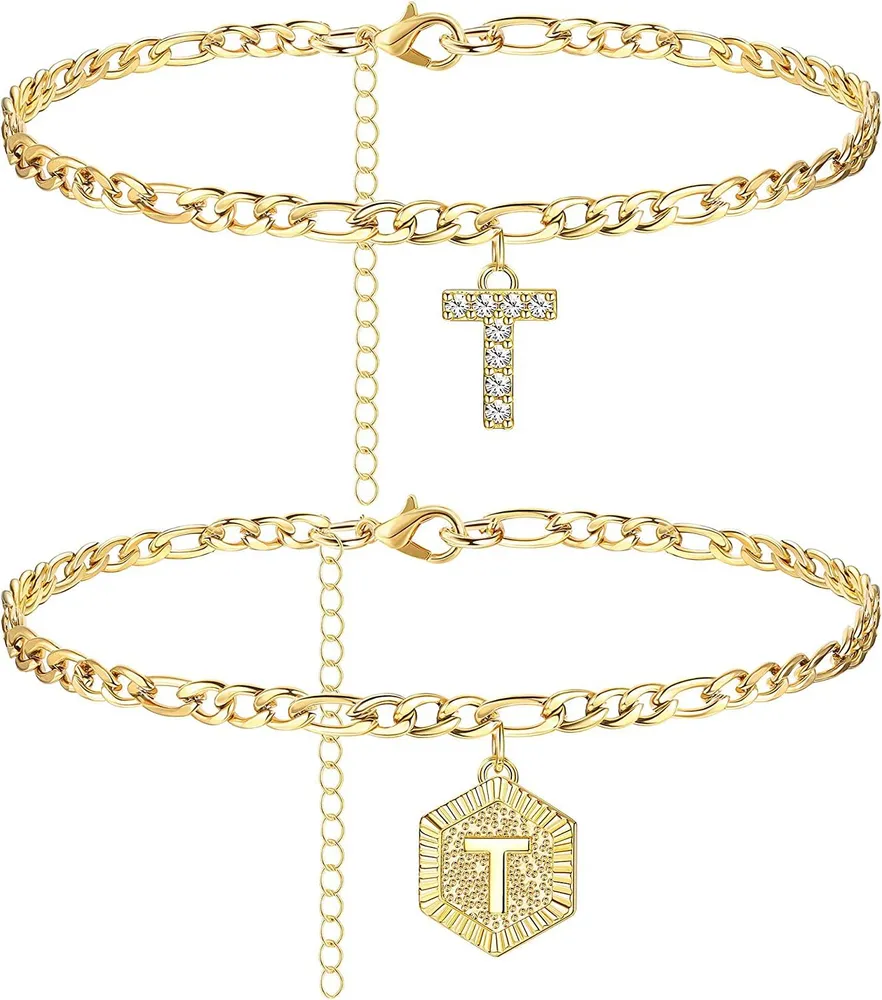 Anfängliche Knöchel-Armbänder für Frauen; Edelstahl-Schicht Figaro-Kettenbrief Anfängliche Knöchel-Armbänder mit Buchstaben-Alphabet für Frauen Mädchen (2Pcs)