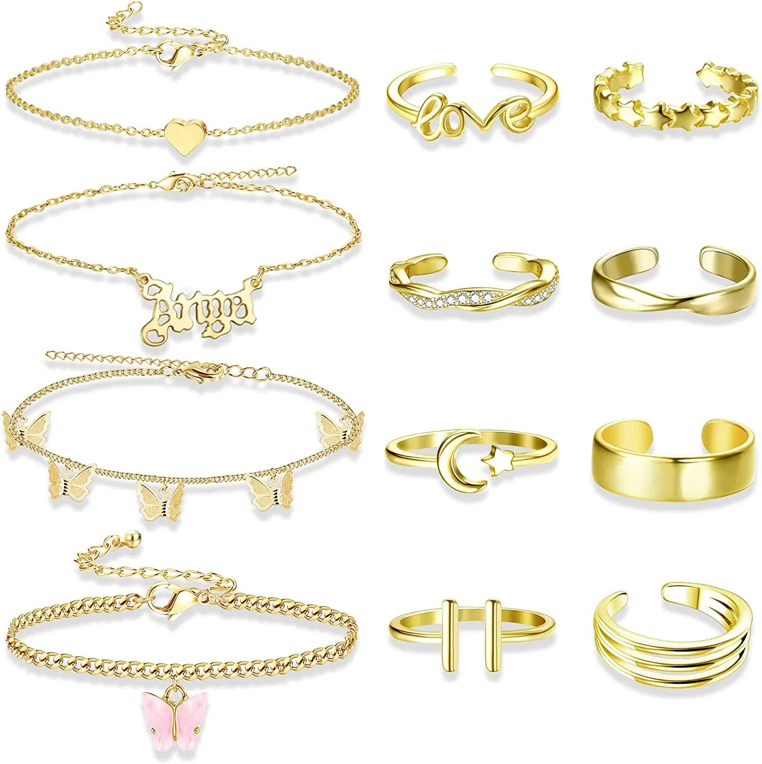 14K Gold Plated Ankleber Zehen Ringe Set für Frauen Schmetterling Ankleber Armbänder Boho Schichtketten Ankleber Offene verstellbare Zehen Ringe Strand Fuß Schmuck