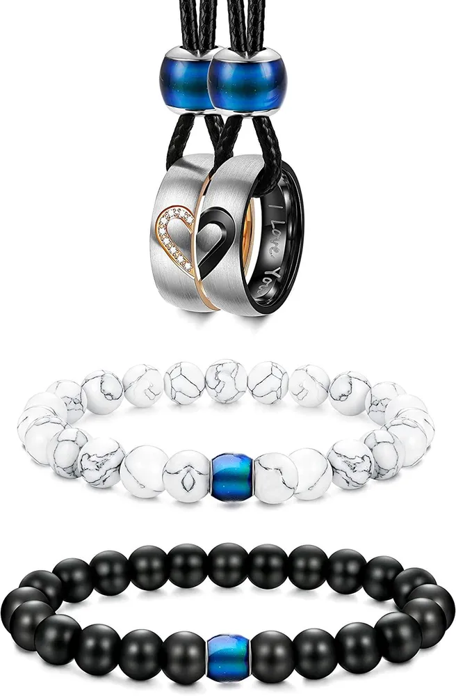 4pcs Paare Entfernung Kette Armbänder Set für Frauen Männer Herzen Matching Ringe Anhänger 8mm Stimmung Perlen Armbänder für Liebhaber Valentinstag Geschenke