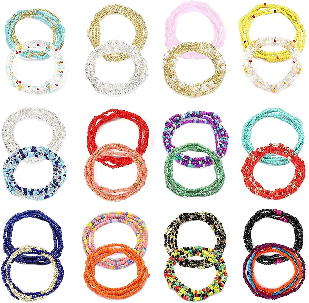 24PCS elastische Taille Perlen Ketten für Frauen Bauchperlen Bikini Kette farbenfrohe geschichtete Körperketten Perlen Afrikanische Bauchperlen Taille Sommer Gewichtsverlust Bikini Schmuck