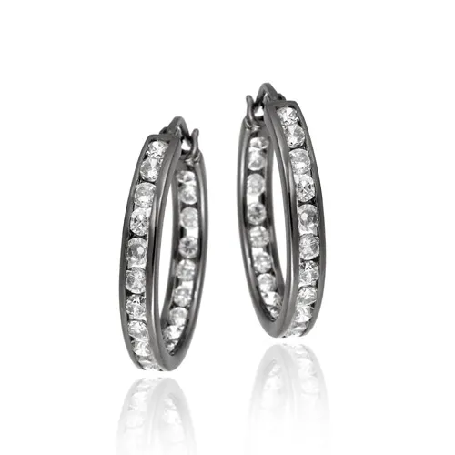 Sterling Silber CZ Schwarz Inside-Out 20mm Hoop Ohrringe