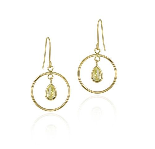 10K Gold Light Green Teardrop CZ & Open Circle Dangle Ohrringe