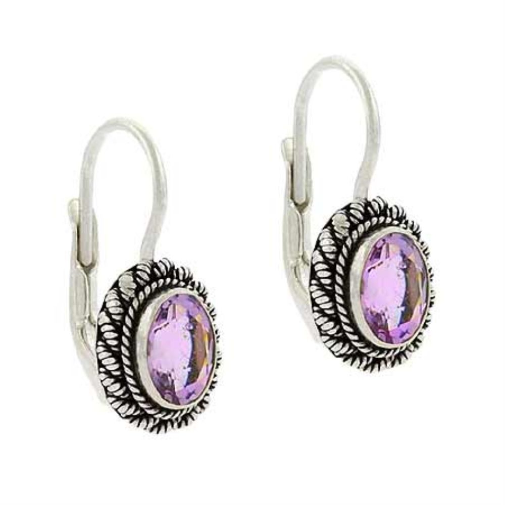 Sterling Silber .925 Echt Amethyst Stein Oval Twist Border Dangle LeverBack Lever Back Earrings