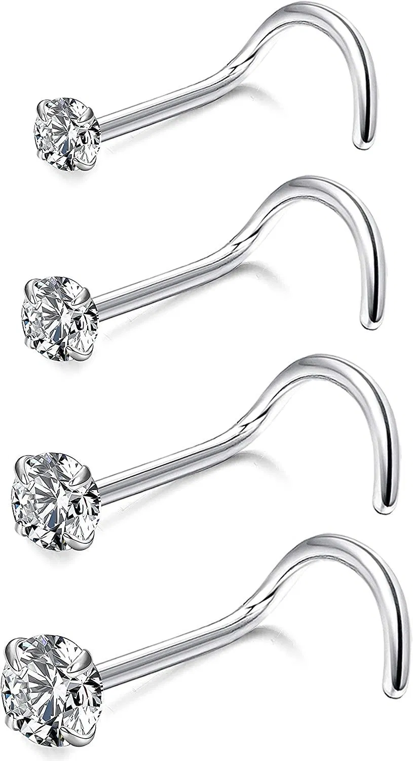 22G 4 Stück Sterling Silber Nasen Ringe Studs Set mit österreichischem Zirkonia Körper Piercing Schmuck mit Box 1,5 mm 2 mm 2,5 mm 3 mm