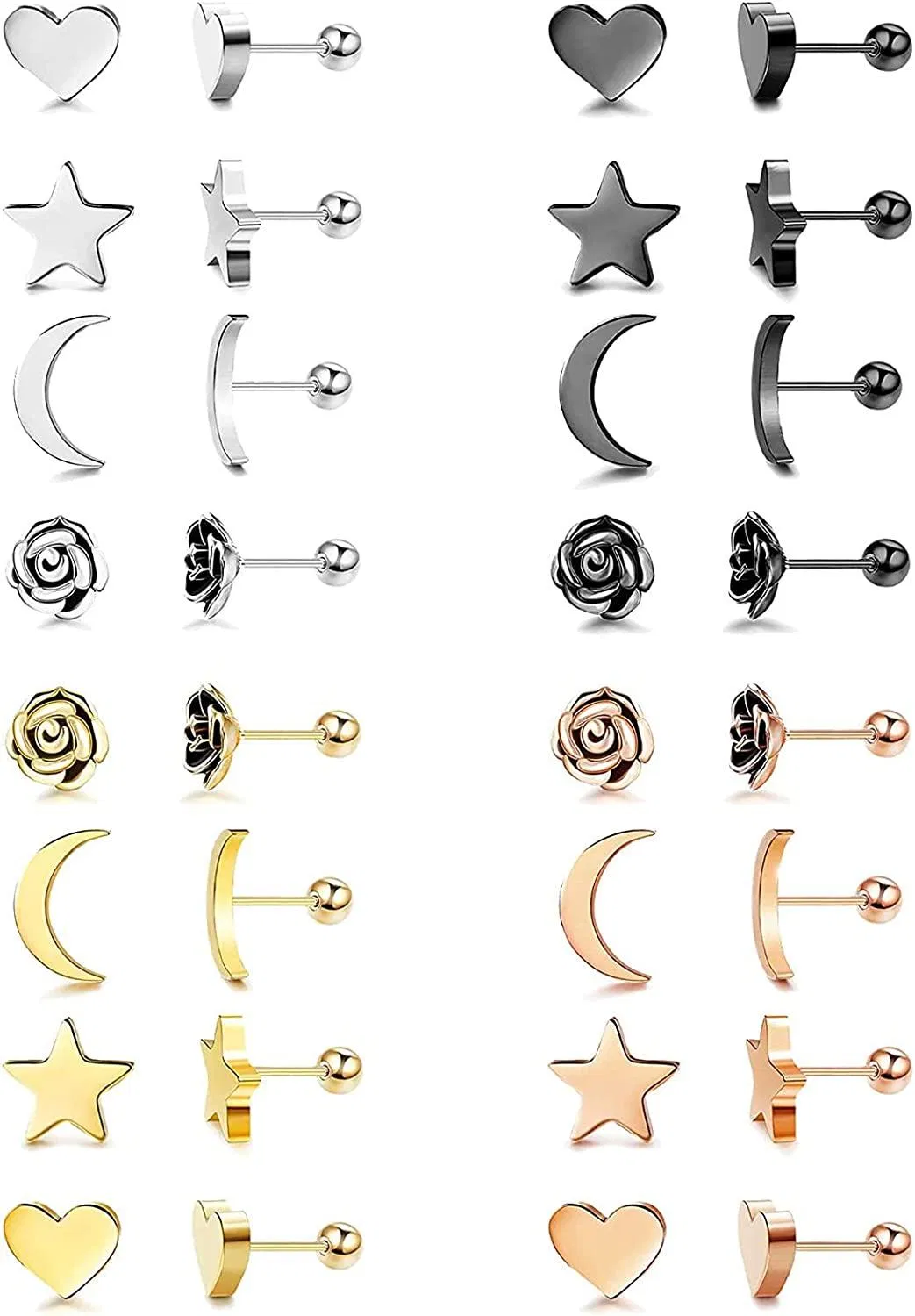 16 Paare Stud Ohrringe für Frauen Mädchen 20G Edelstahl Stern Mond Herz Blumen Ohrringe kleine Stud Ohrringe Schmetterling Flachschraube Rücken Knorpel Ohrringe Set