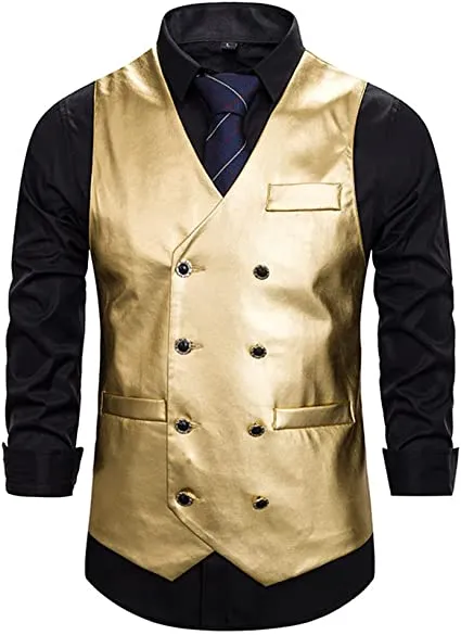 Männer Metall Textur Glänzende Weste Mode Solid Color Double Breasted Vest Nightclub Party Show