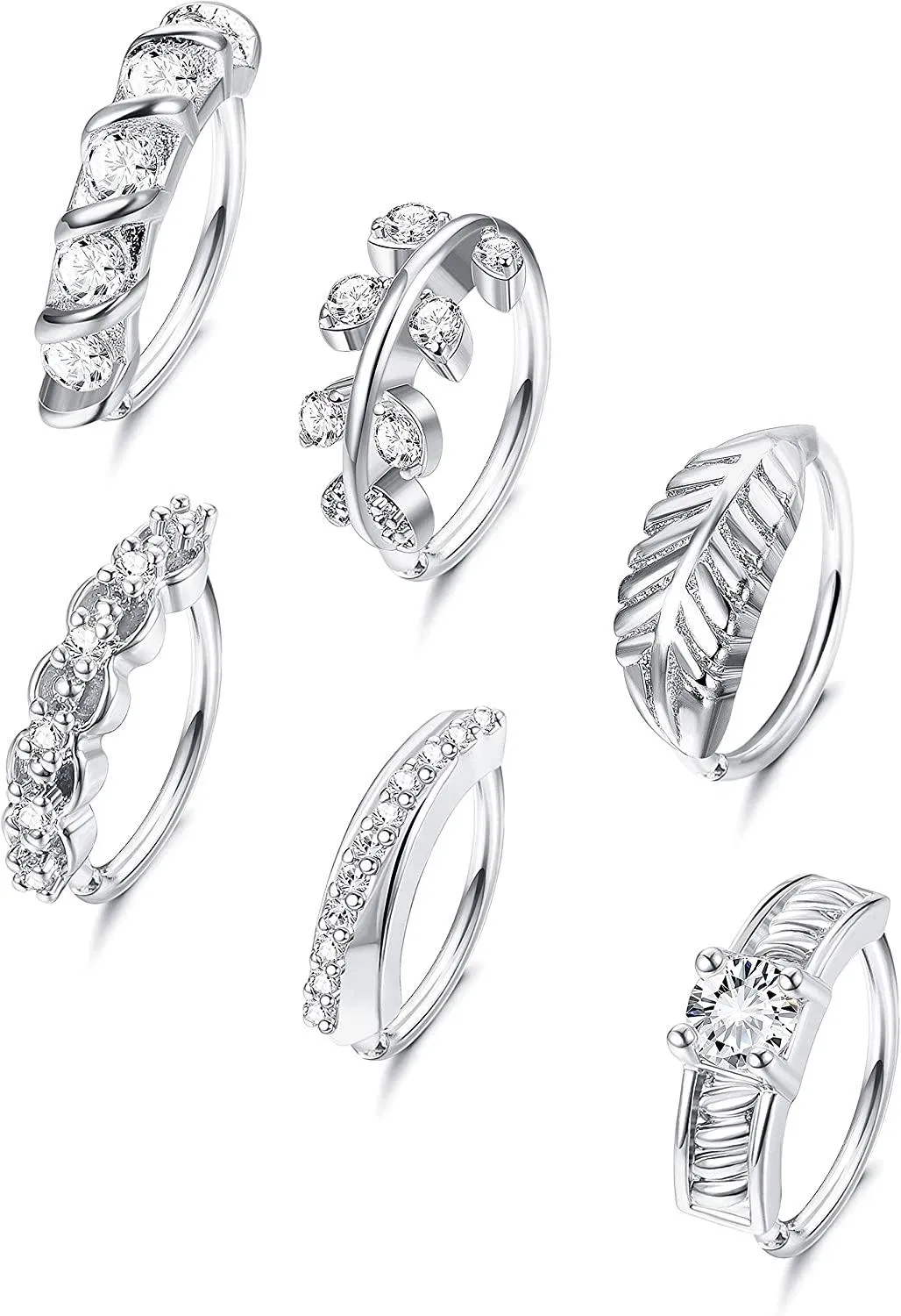 6pcs 18 / 20G Edelstahl Nasenring Schleife gepflastert CZ Blatt Knorpel Ohrring CZ Blatt Hoop Line Ring Chirurgische CZ Kristalle gepflastert Daith Ohrringe 8mm