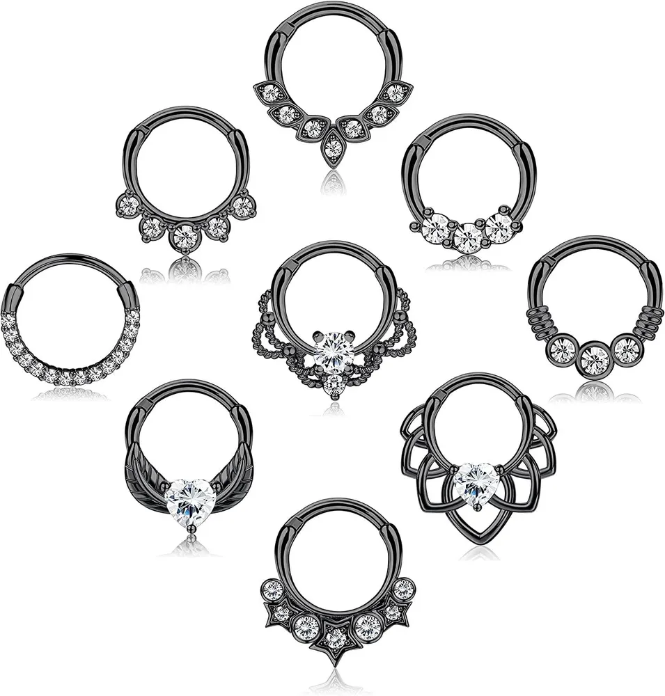 9Pcs Septum Ring 316L Edelstein-Zirkonschleifen Scharnier-Segment Nasenringe für Männer Frauen CZ Knorpel Tragus Helix Daith Ohrringe Nasen Piercing 10 MM