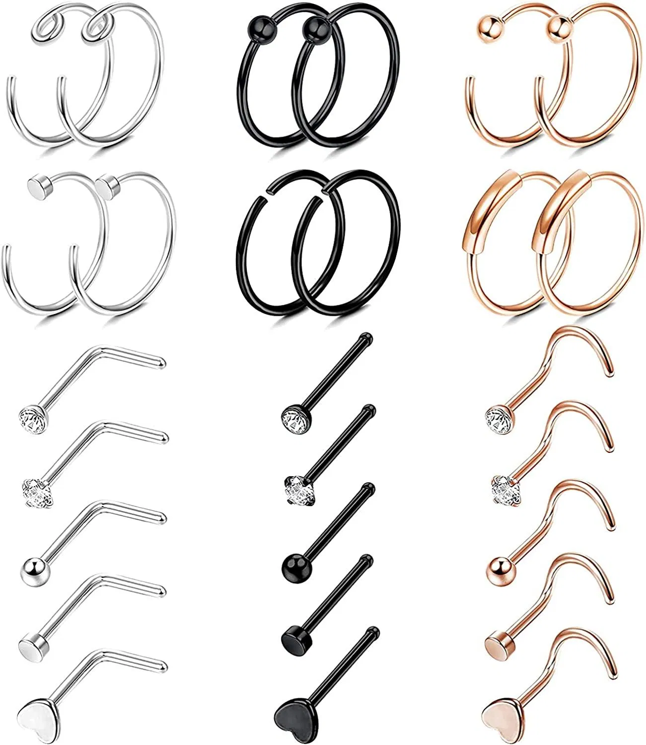 27pcs 20G Edelstahl-Nase - Studs Nasenringe L-Form - Schraube CZ-Nase - Studs Nasenschleifen Helix Knorpel Tragus-Ohrringe Nasen Piercing für Frauen Männer