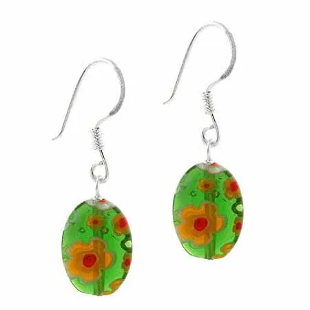 Sterling Silber Grün Millefiori Murano Glas Oval Dangle Ohrringe
