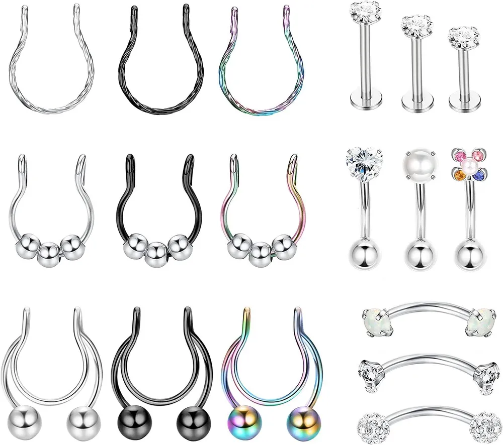 18pcs 16G Edelstahl Rook Ohrringe Clip-on Fake Nase Ringe Hoop Bauch Lippenring Augenbrauen Studs Daith Tragus Piercing