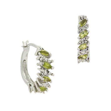 Sterling Silber .925 Echte Peridot Stein Marquise Cut Echte Diamanten Akzent Hoop Ohrringe