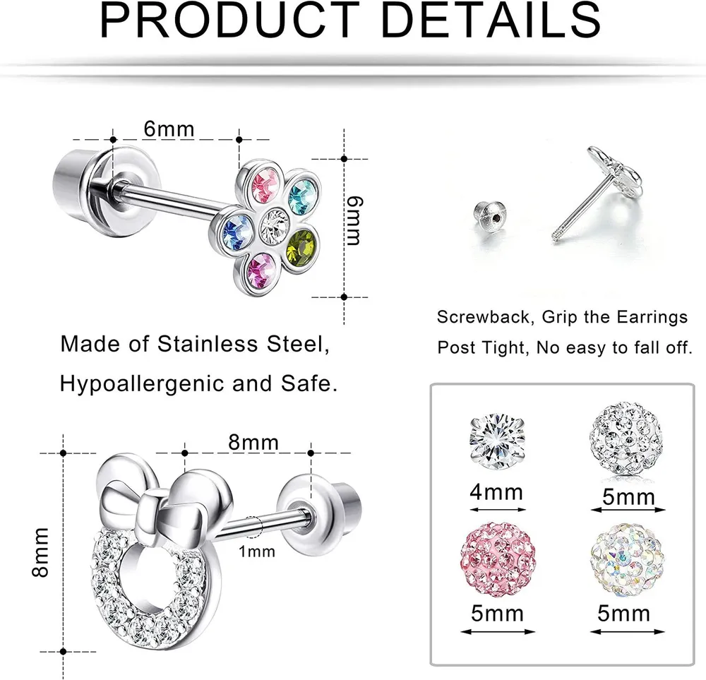 Schrauben Rücken Ohrringe für Frauen Teens Daisy Maus Ohrringe Stud CZ Edelstahl Ohrringe Set Piercing Knorpel
