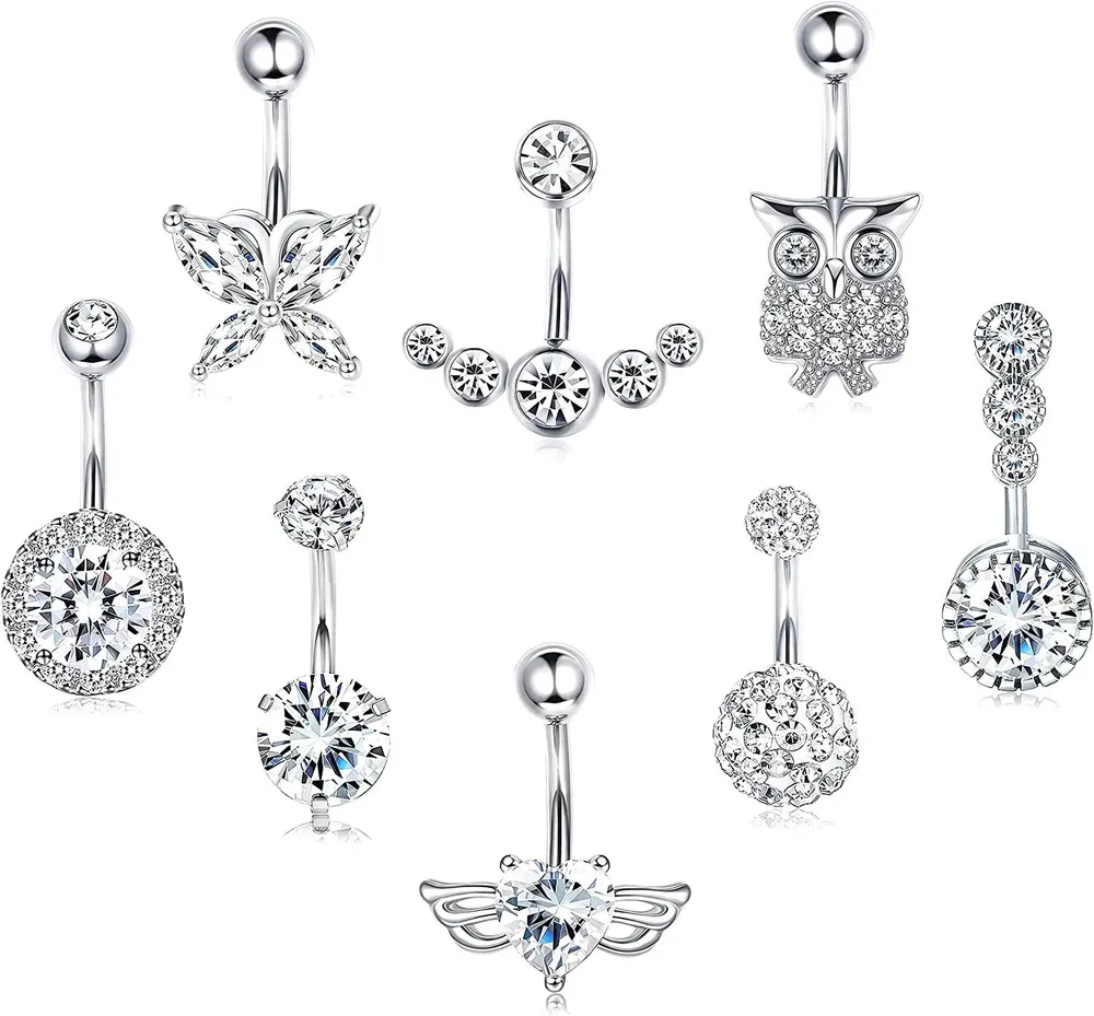 8pcs 14G 316L chirurgische Bauchknopfringe für Frauen Nabelringe rund / Liebe Herz / Schmetterling / Eule CZ gebogen Barbell Körper Piercing Schmuck