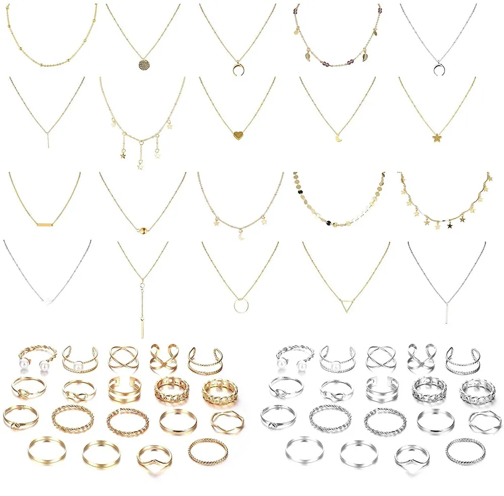 58Pcs DIY Layered Choker Kette Knuckle Stackable Ringe Set für Frauen Mondstar Multilayer Choker Kette Y Anhänger Statement Kette Bohemian Gold / Silber Ton Vintage Joint Finger Ringe