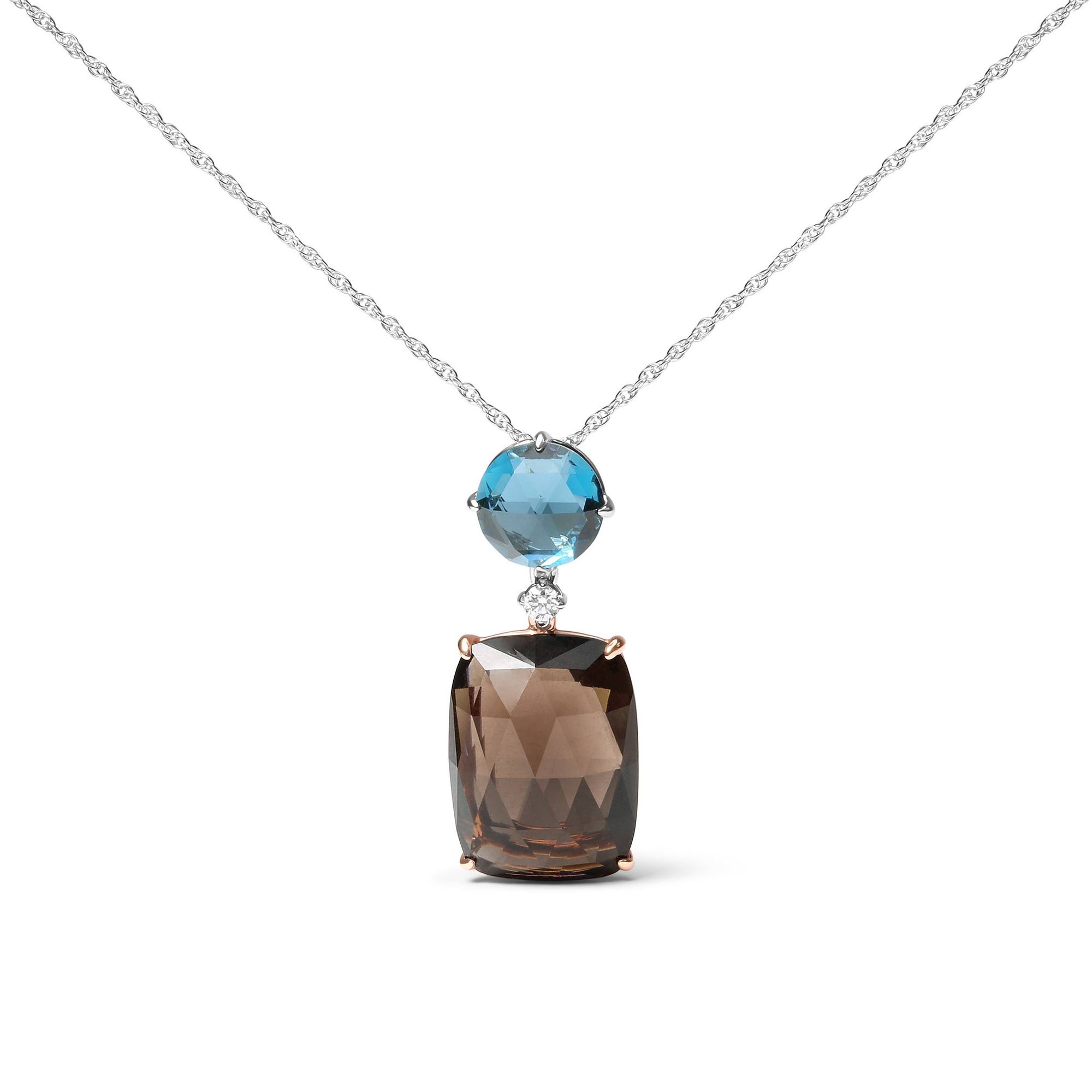 18 Karat Rose und Weißgold Diamant Akzent und London Blau Topaz und Kissen Schnitt Raucher Quarz Edelstein Dangle Drop 18