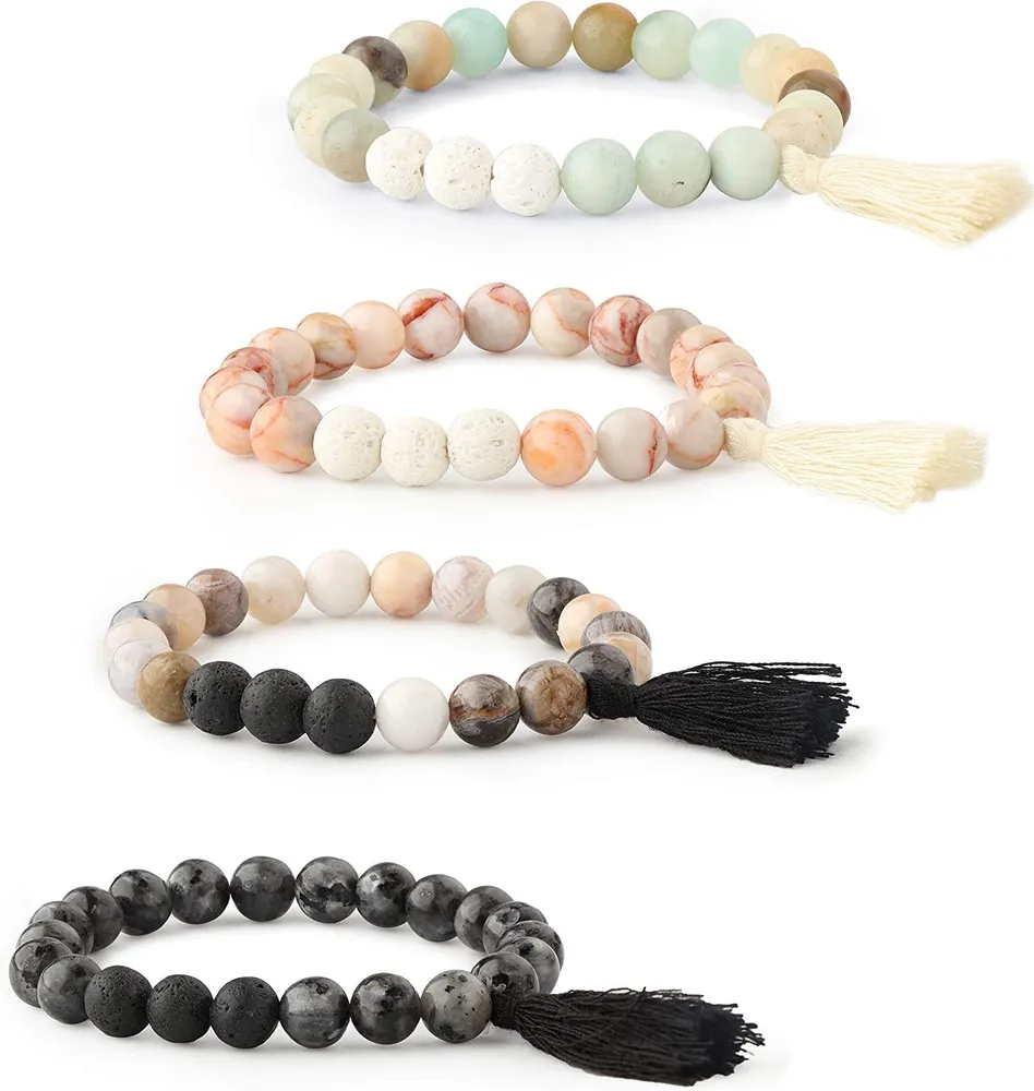 4pcs ätherisches Öl Diffuser Perlen Armbänder für Frauen Mädchen Semi-Precious Edelstein Stretch Tassel Armbänder Lava Stone Armbänder