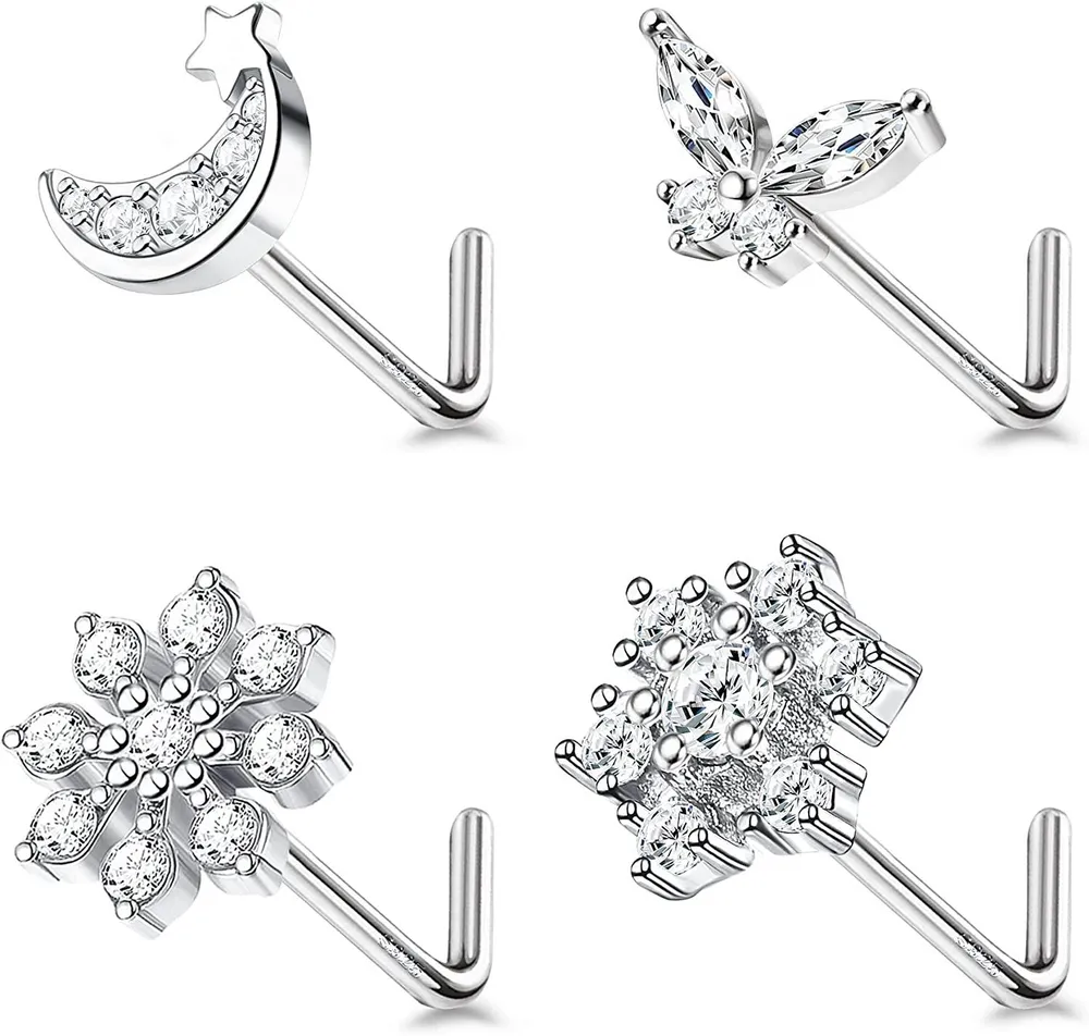 4pcs 925 Sterling Silber Nasen Ringe Stud für Frauen 20G Süße Nasen Studs CZ Schmetterling Blumen Mond Stern Nasen Piercings L Knochen geformt hypoallergen Nasen Piercing Schmuck