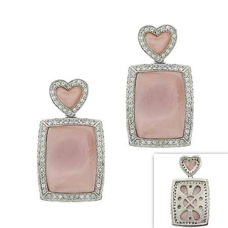 Sterling Silber .925 echte rosa Mutter der Perle MOP Stein Inlay Herz Blumen Filigree simuliert Diamant cz Pflaster Dangle Rechteck Ohrringe