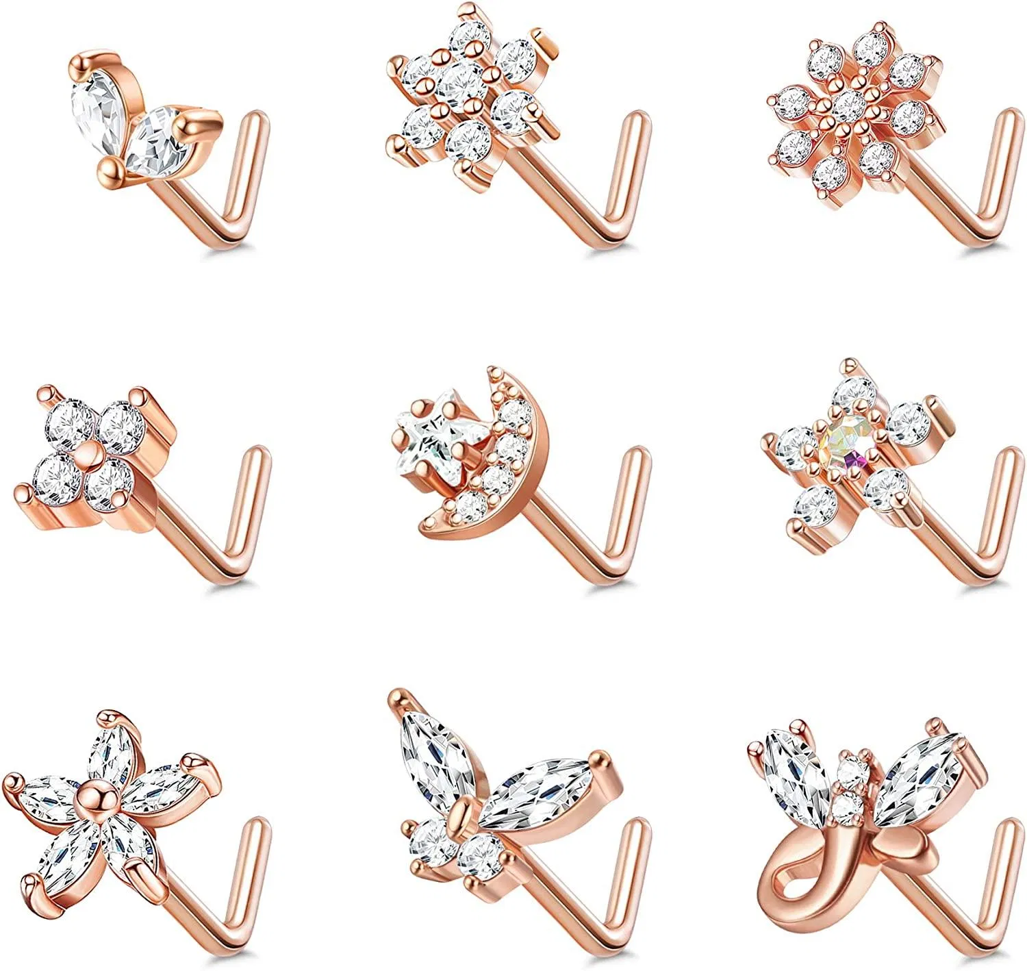 9Pcs 20G Nasenringe Studs Edelstahl L-Form Nasen Studs Schneeflocken Schmetterling Blume Schraube Nasenringe für Frauen Männer CZ Nasen Piercing 7mm