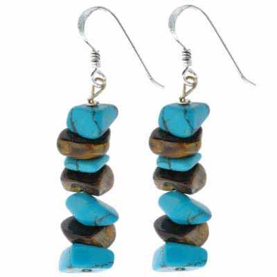 Sterling Silver Echtes Tiger Eye und rekonstitutierte Türkis Chip Ohrringe