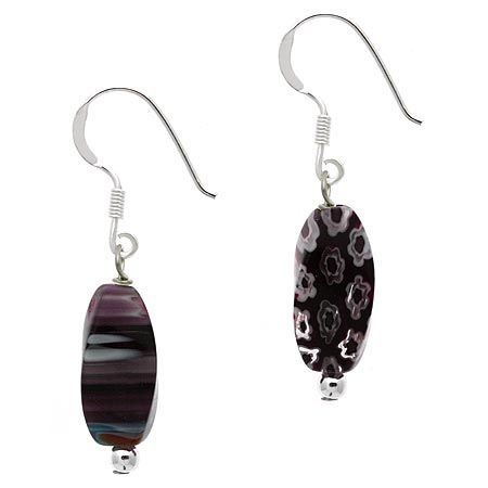 Sterling Silber Purple Millefiori Murano Glas Perlen Dangle Ohrringe