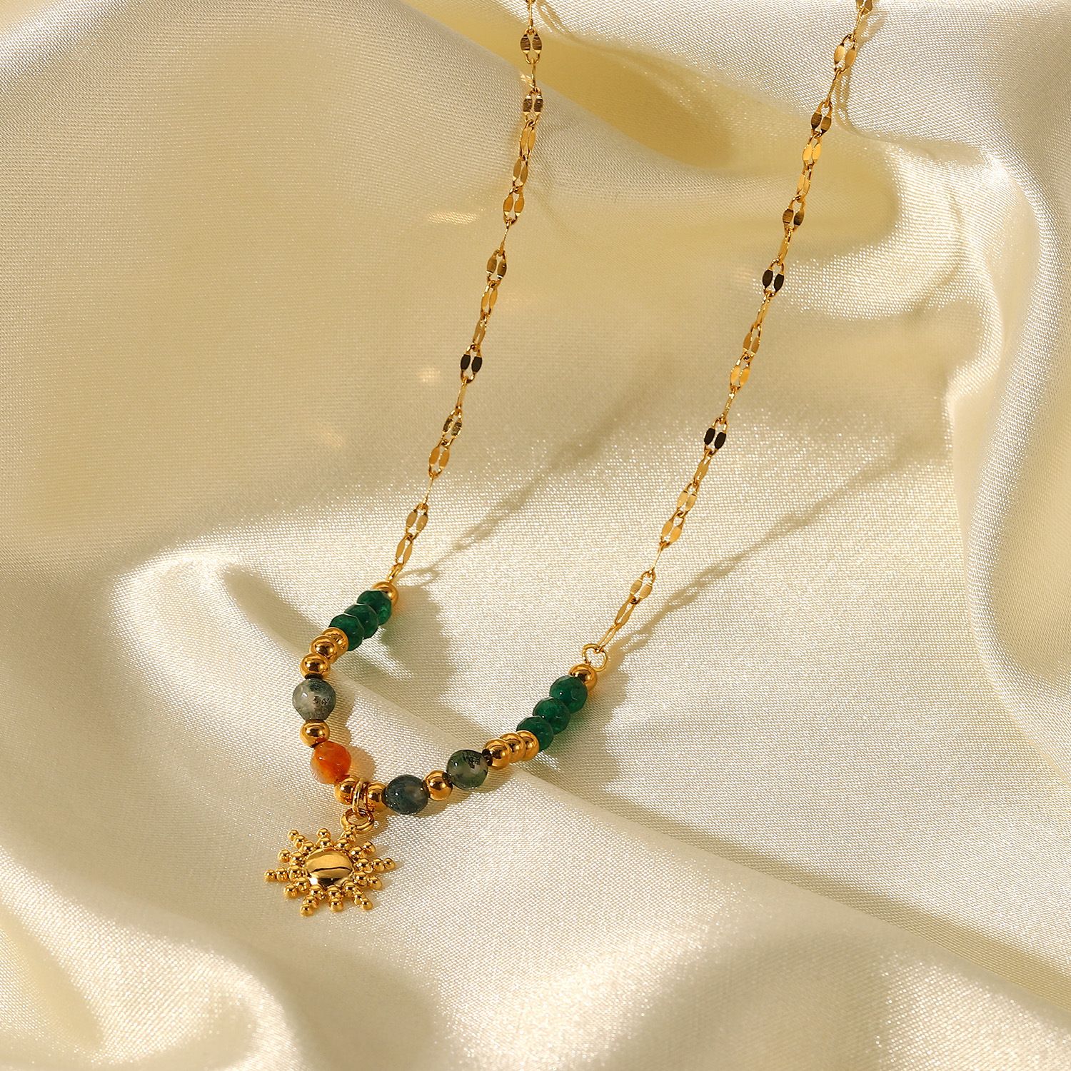 Französische Mode Retro Ins Wind Naturstein Anhänger Halskette 18k Gold Edelstahl Sonne Anhänger Titan Stahl Anhänger Für Frauen