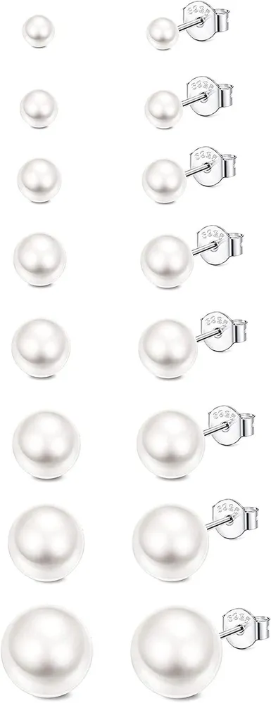 8 Paare Perlen Ohrringe Set 925 Sterling Silber Perlen Stud Ohrringe für Frauen Mum Girls einfache elegante weiße Frischwasser Perlen Ohrringe Vintage Stud Ohrringe Geschenk für Frauen