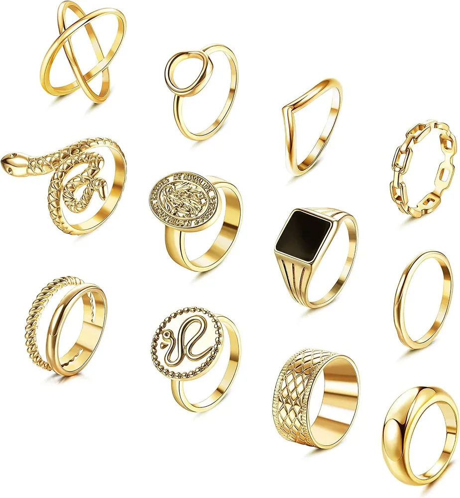 12pcs 14K Gold Plated Ringe Set Bohemian Knuckle Stackable Snake Ringe Set für Frauen Teen Girls Dicke Chunky Dome Ring für Geschenk Größe 6 - 9