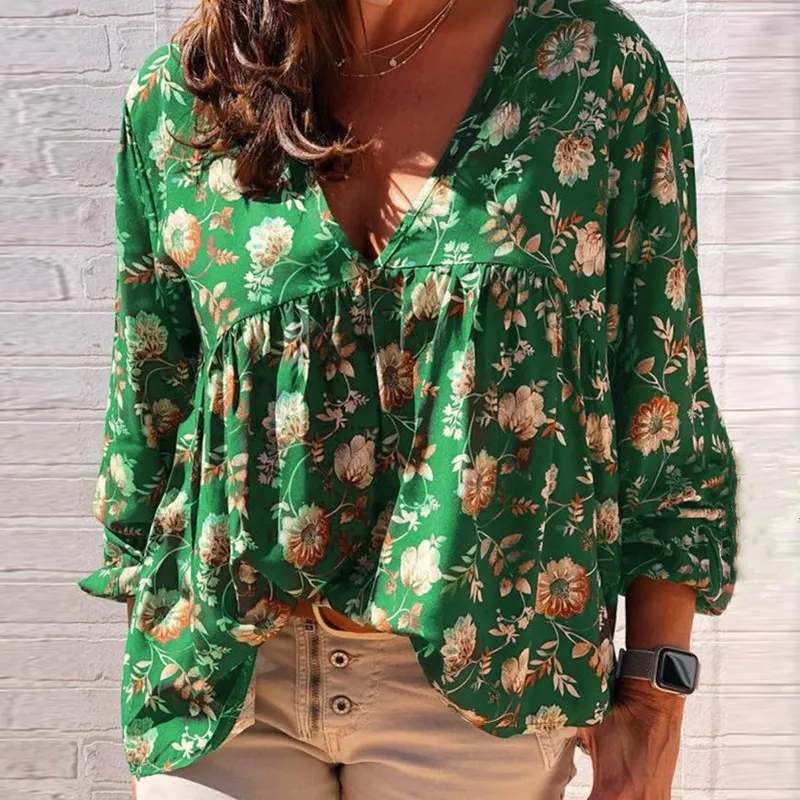 Herbst Wild V-Neck Loose gedruckte Langärme Damen Kleidung