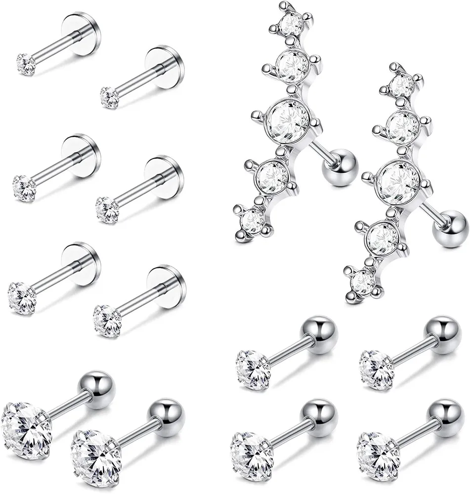 7 Paare Edelstahl CZ Stud Ohrringe für Frauen Männer Knorpel Ohrringe Helix Tragus Barbell Ohr Körper Piercings Schmuck