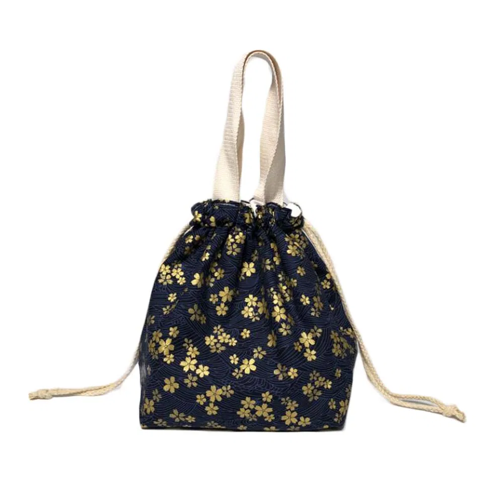 Japanischer Stil süße Mittagessenbox Bento Tasche Navy Blue Gold Blumen Drawstring Canvas Mittagessen Tasche große Kapazität Mittagessen Tote Tasche