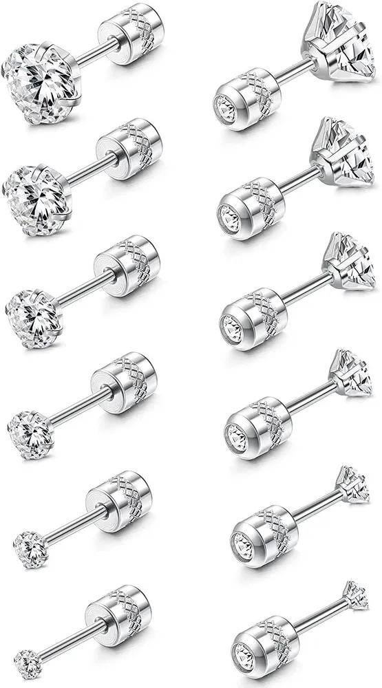 6 Paare Stud Ohrringe für Frauen Männer Edelstahl Doppel Runde Kubik Zirkonia CZ Ohrringe Schraube Rücken 2 - 7MM