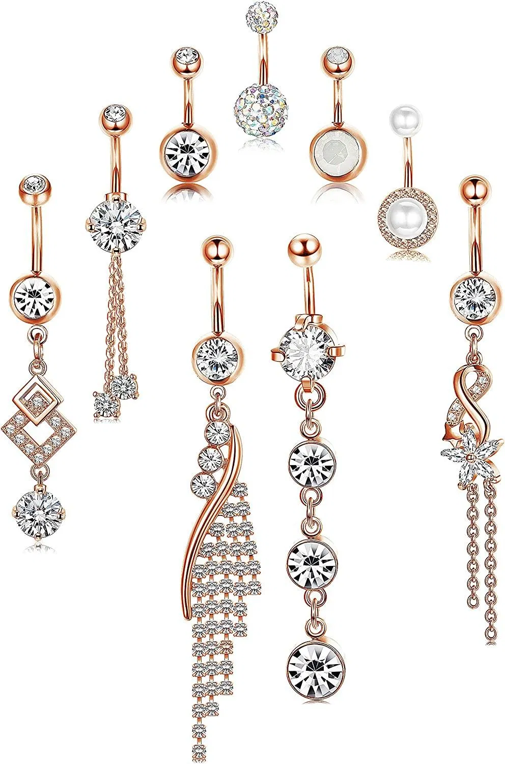9 Stück 14G Edelstahl Dangle Bauch Knopfringe für Frauen Bauch Piercing Set Clear CZ Inlaid Curved Nabbel Ringe Barbell Body Piercing Schmuck