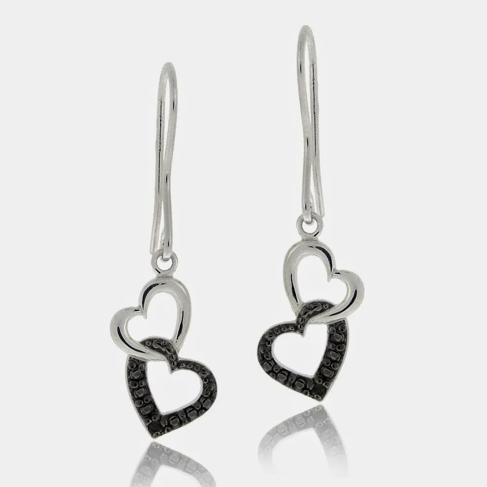 Sterling Silber Black Diamond Accent Double Heart Dangle Ohrringe
