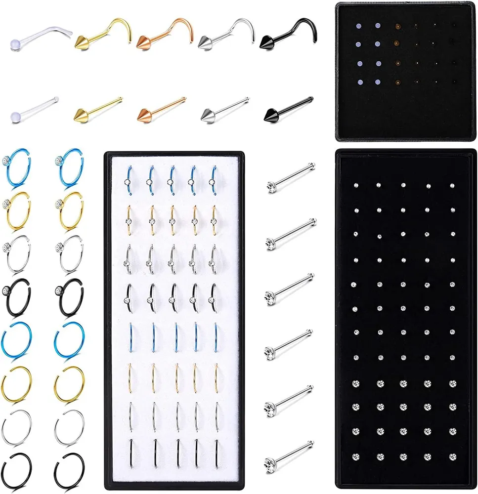 124Pcs Nasenringe Stud Edelstahl Nasen Studs Ring Hoop für Frauen Männer Nasen Piercing Nasenringe Knochen Studs Schrauben Piercing 20G 1.5mm 2mm 2.5mm