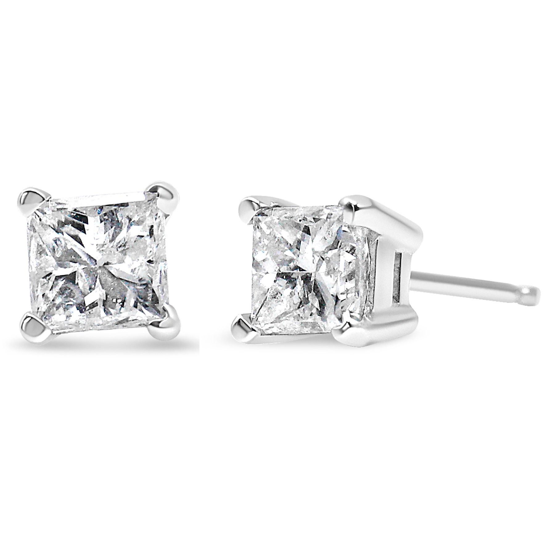 AGS zertifiziertes 14 Karat Weißgold 1.0 Cttw 4 - Prong Set Prinzessin-Cut Solitaire Diamant Push Back Stud Ohrringe für Frauen (E-F Farbe, I1 - I2 Klarheit)