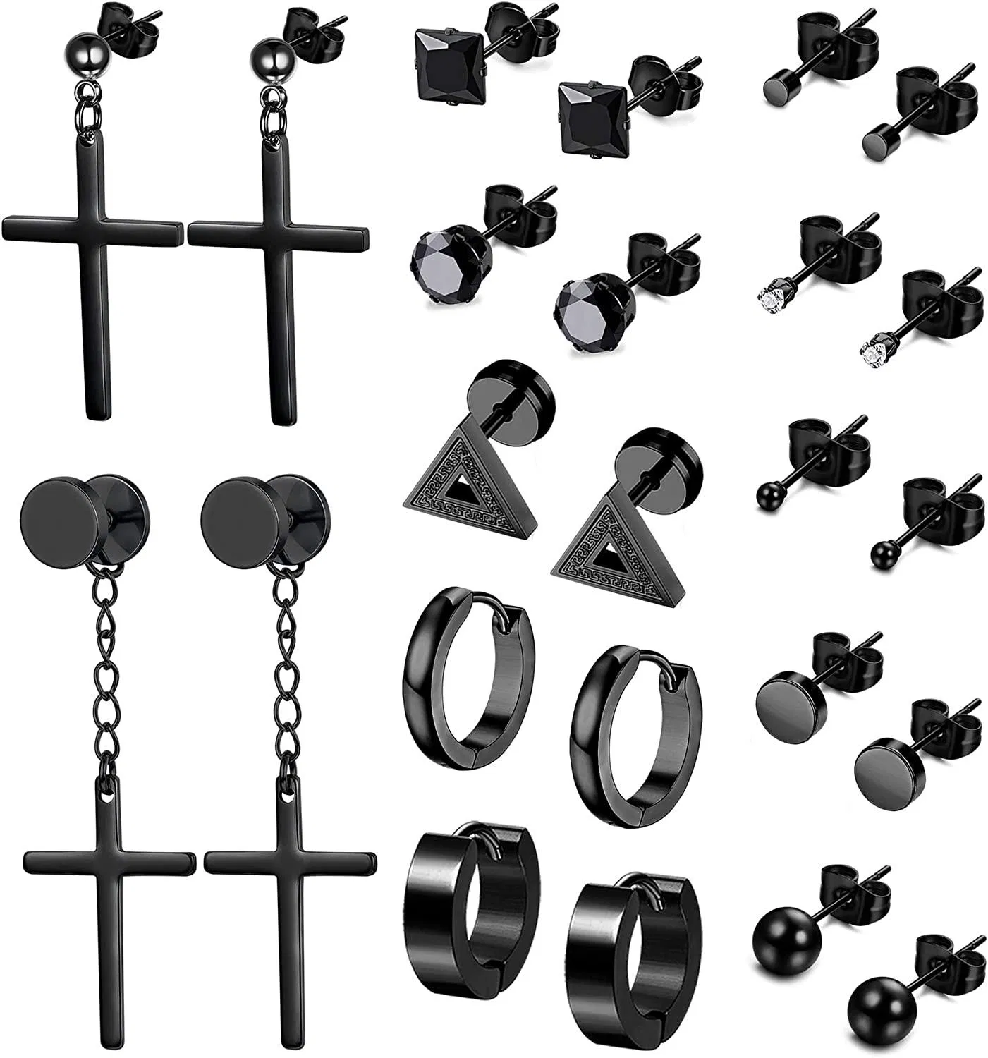 12 Pairs Edelstahl Stud Ohrringe für Männer Frauen Cross Dangle Ohrringe winzig CZ Ball Hoop Huggie Ohrringe Set
