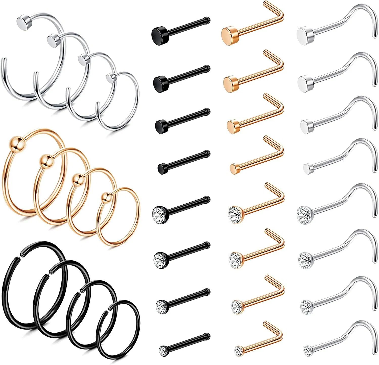 27pcs 20G Edelstahl-Nase - Studs Nasenringe L-Form - Schraube CZ-Nase - Studs Nasenschleifen Helix Knorpel Tragus-Ohrringe Nasen Piercing für Frauen Männer