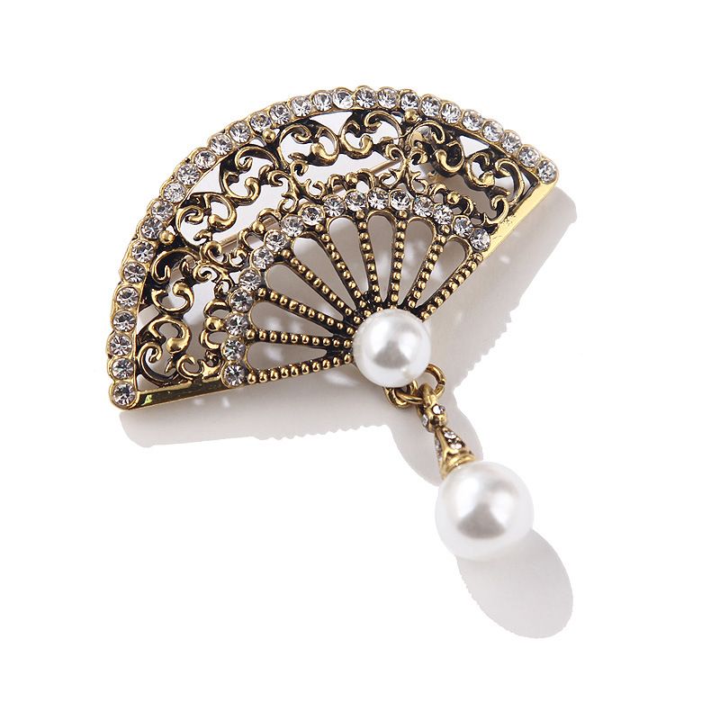 Elegant anmutig Rhinestone Pearl Vintage Fan Brooch Cheongsam Coat Accessoires