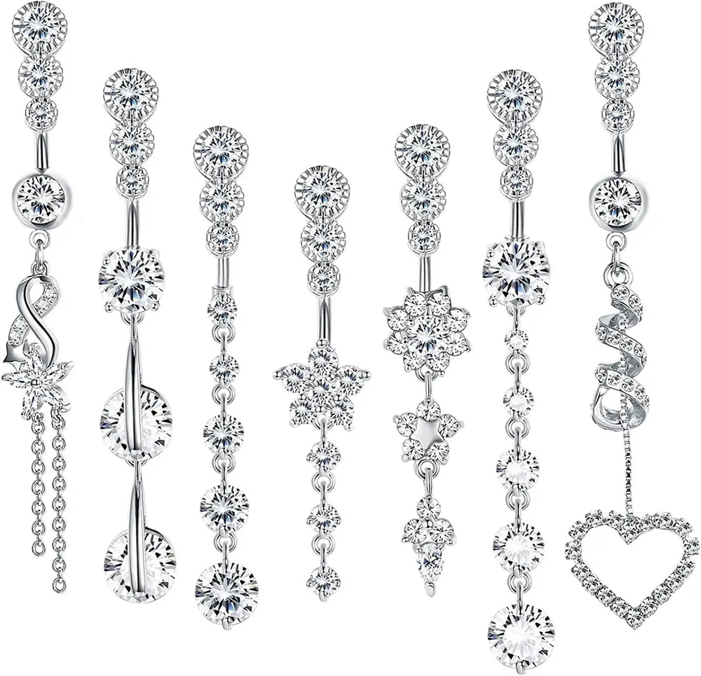 7 Stück 14G Dangle Belly Button Ringe für Frauen 316L Chirurgisch Clear CZ Barbell Piercing Dangle Reverse Curved Navel Barbell Body