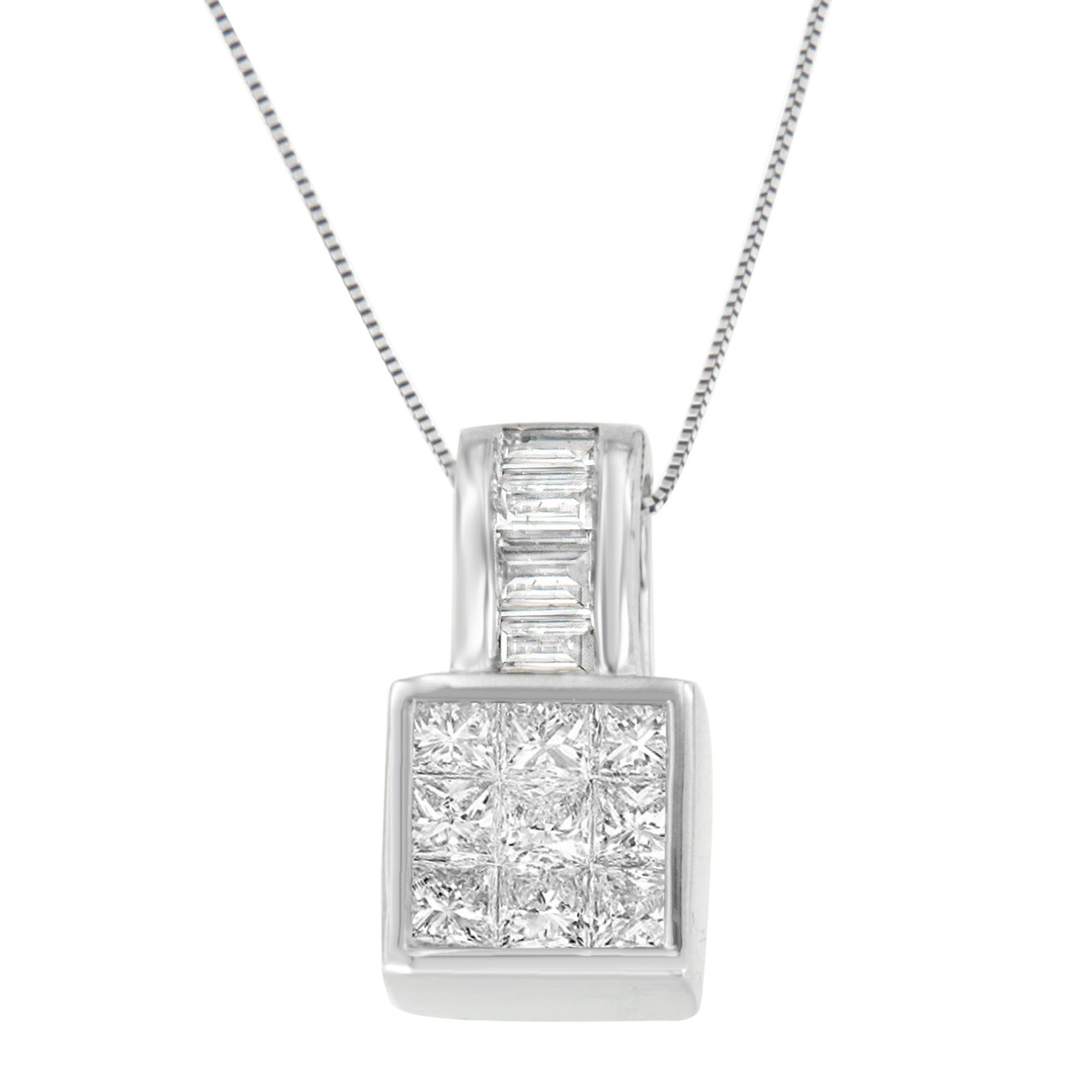 14 Karat Weißgold Prinzessin und Baguette Cut Diamant Quadrat Halo Anhänger Halskette (1 1⁄2 cttw, H-I Farbe, SI1 - SI2 Klarheit)